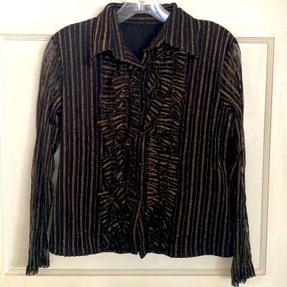 Vintage Glam Gold Stripe Ruffle Front Sheer Button Down - Picture 1 of 2